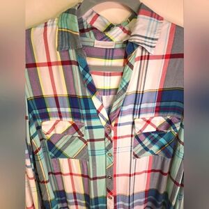 New York & Co Plaid V Neck Shirt Size X L